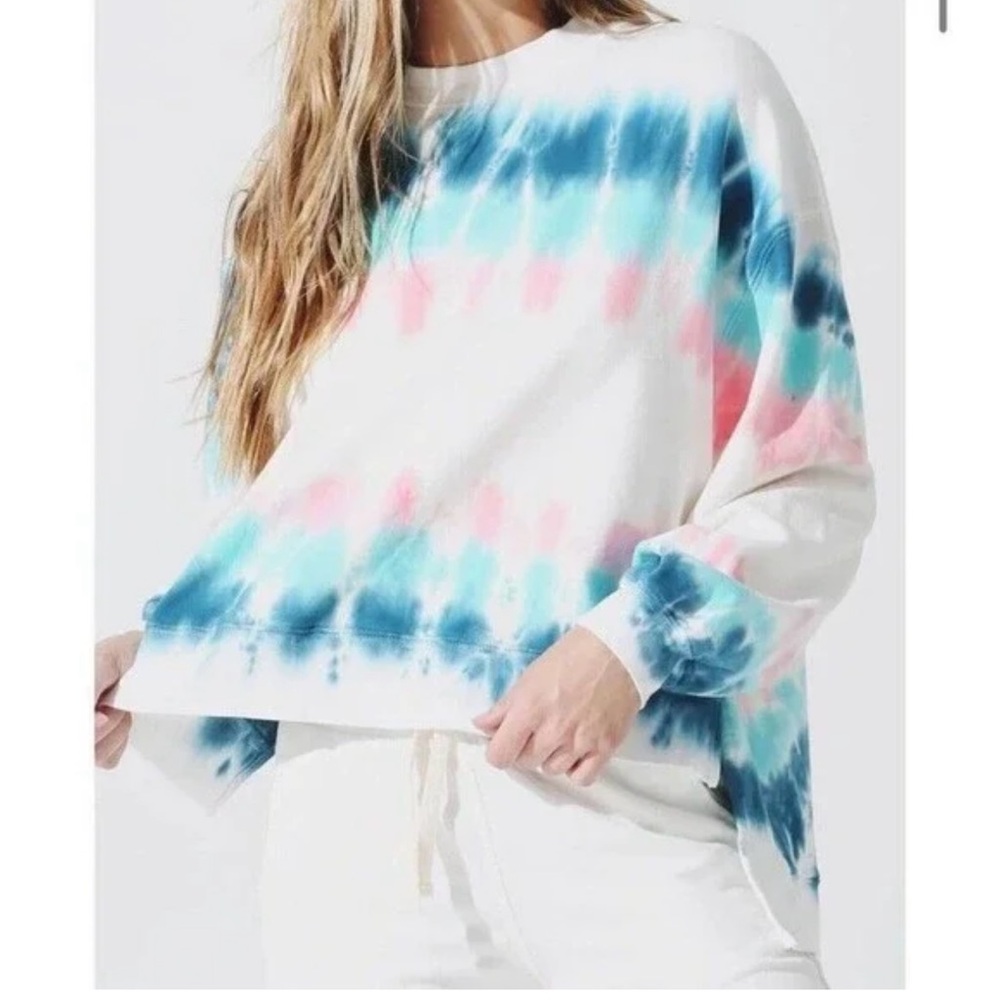 Electric & Rose White Tie-Dye Crewneck Sweater with Blue & Pink Stripes